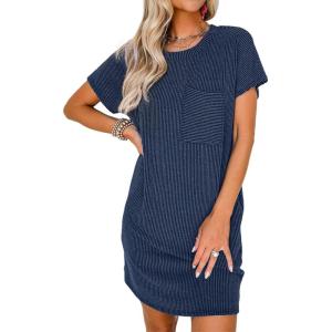 imageAcelitt Womens Casual Summer Crewneck Short Sleeve Ribbed Mini Tshirt Dress XS3XL6 Navy Blue