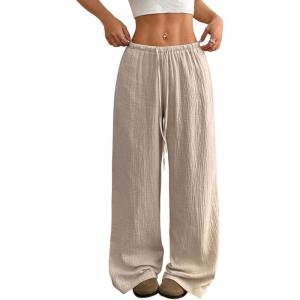 imageAcelitt Womens Wide Leg Palazzo Pants Casual Loose Lounge Pants Beach Trousers with PocketsToo Large Please Size DownBeige