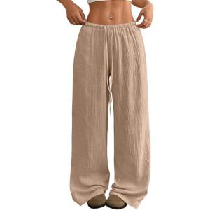 imageAcelitt Womens Wide Leg Palazzo Pants Casual Loose Lounge Pants Beach Trousers with PocketsToo Large Please Size DownLight French Beige