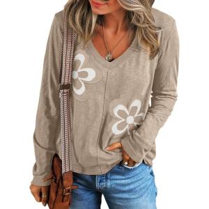 imageAcelitt Womens Casual Fall Long Sleeve V Neck Floral Tshirts TopsSXXLKhaki