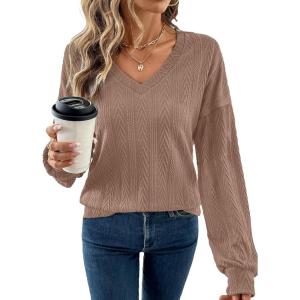 imageAcelitt Sweatshirt for Women Long Sleeve Shirts V Neck Sweaters Fall Fashion Outfits 2025 Trendy Tunic TopsPale Khaki