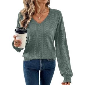 imageAcelitt Sweatshirt for Women Long Sleeve Shirts V Neck Sweaters Fall Fashion Outfits 2025 Trendy Tunic TopsSmoke Green