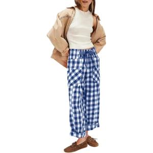 imageAcelitt Women Casual Loose Drawstring Elastic Waist Checkered Pants with Pockets SXXLBlue