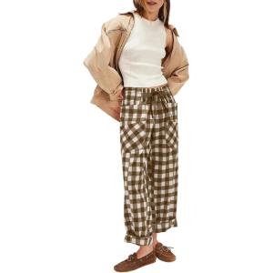 imageAcelitt Women Casual Loose Drawstring Elastic Waist Checkered Pants with Pockets SXXLBrown