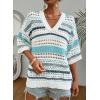 imageAcelitt Womens Short Sleeve Crochet Knit Sweater Hollow Out Striped Tops Beach Vacation Cruise OutfitsYiceland Blue Stripe