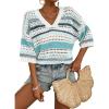 imageAcelitt Womens Short Sleeve Crochet Knit Sweater Hollow Out Striped Tops Beach Vacation Cruise OutfitsYiceland Blue Stripe