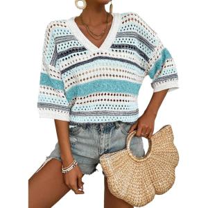 imageAcelitt Womens Short Sleeve Crochet Knit Sweater Hollow Out Striped Tops Beach Vacation Cruise OutfitsYiceland Blue Stripe