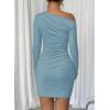 imageAcelitt Fall Off The Shoulder Dresses for Women 2025 Long Sleeve Ruched Bodycon Cocktail Party Mini DressSize DownBeau Blue