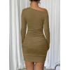 imageAcelitt Fall Off The Shoulder Dresses for Women 2025 Long Sleeve Ruched Bodycon Cocktail Party Mini DressSize DownBrown
