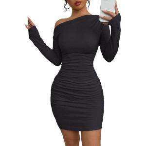 imageAcelitt Fall Off The Shoulder Dresses for Women 2025 Long Sleeve Ruched Bodycon Cocktail Party Mini DressSize Down01black