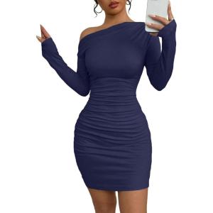 imageAcelitt Fall Off The Shoulder Dresses for Women 2025 Long Sleeve Ruched Bodycon Cocktail Party Mini DressSize DownNavy Blue