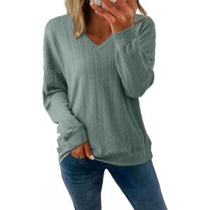 imageAcelitt Womens Tops Long Sleeve Lightweight Shirts 2025 Fall Fashion Clothing Trendy Tops V Neck Knit Basic TeeSmoke Green