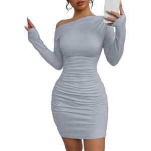 imageAcelitt Fall Off The Shoulder Dresses for Women 2025 Long Sleeve Ruched Bodycon Cocktail Party Mini DressSize DownBlue