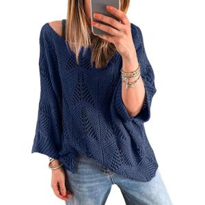 imageAcelitt Womens Casual Lightweight Crewneck Long Sleeve Knit Sweater Tops SXXLBlue