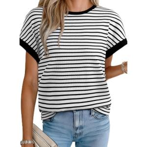 imageAcelitt Womens Short Sleeve Knit Tops 2025 Trendy Crewneck Striped T Shirts Casual Summer Blouses OutfitsBlack