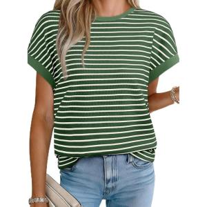 imageAcelitt Womens Short Sleeve Knit Tops 2025 Trendy Crewneck Striped T Shirts Casual Summer Blouses OutfitsBlackish Green