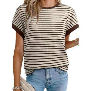 imageAcelitt Womens Short Sleeve Knit Tops 2025 Trendy Crewneck Striped T Shirts Casual Summer Blouses OutfitsCoffee