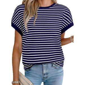 imageAcelitt Womens Short Sleeve Knit Tops 2025 Trendy Crewneck Striped T Shirts Casual Summer Blouses OutfitsDirty Blue