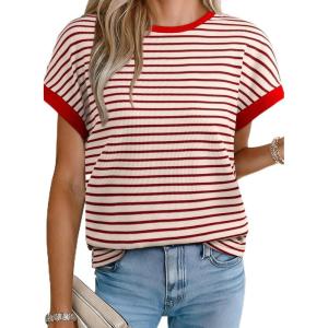 imageAcelitt Womens Short Sleeve Knit Tops 2025 Trendy Crewneck Striped T Shirts Casual Summer Blouses OutfitsFiery Red