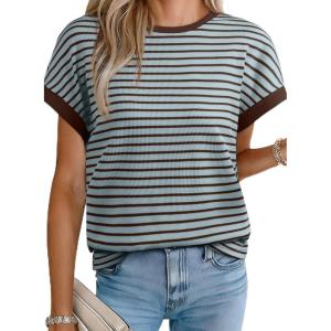imageAcelitt Womens Short Sleeve Knit Tops 2025 Trendy Crewneck Striped T Shirts Casual Summer Blouses OutfitsGreen Bay