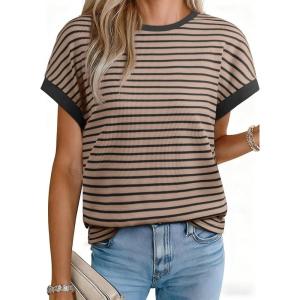 imageAcelitt Womens Short Sleeve Knit Tops 2025 Trendy Crewneck Striped T Shirts Casual Summer Blouses OutfitsPale Khaki