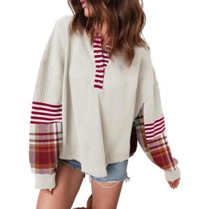 imageAcelitt Women Casual Color Block Long Sleeve V Neck Waffle Knit Shirts TopsSXXLBeige