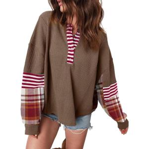 imageAcelitt Women Casual Color Block Long Sleeve V Neck Waffle Knit Shirts TopsSXXLBrown