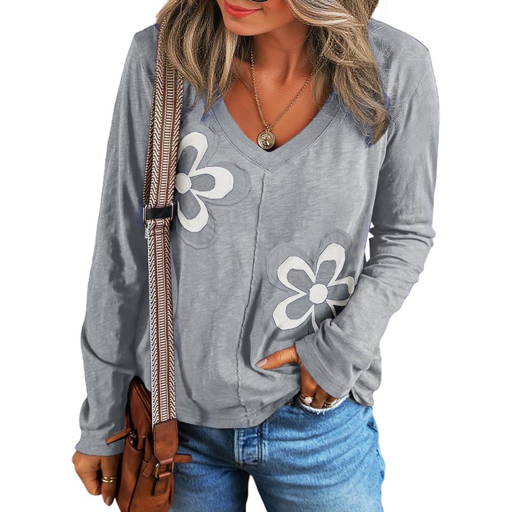 imageAcelitt Womens Casual Fall Long Sleeve V Neck Floral Tshirts TopsSXXLGray