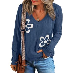 imageAcelitt Womens Casual Fall Long Sleeve V Neck Floral Tshirts TopsSXXLBlue