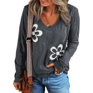 imageAcelitt Womens Casual Fall Long Sleeve V Neck Floral Tshirts TopsSXXLDark Gray