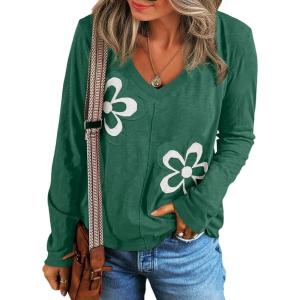 imageAcelitt Womens Casual Fall Long Sleeve V Neck Floral Tshirts TopsSXXLGreen