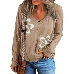 imageAcelitt Womens Casual Fall Long Sleeve V Neck Floral Tshirts TopsSXXLKhaki