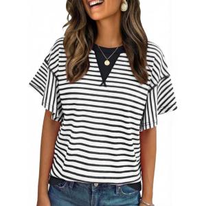 imageAcelitt Women Crewneck Short Sleeve Striped TopsSXXLBlack