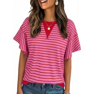 imageAcelitt Women Crewneck Short Sleeve Striped TopsSXXLRose