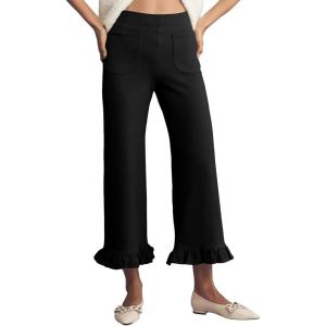 imageAcelitt Womens Gingham Pants Summer Casual Elastic Waist Straight Leg Ruffle Hem Stretchy Cropped Trousers with PocketsBlack