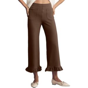 imageAcelitt Womens Gingham Pants Summer Casual Elastic Waist Straight Leg Ruffle Hem Stretchy Cropped Trousers with PocketsChestnut