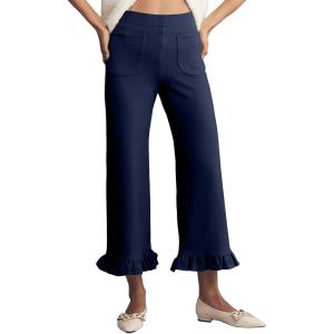 imageAcelitt Womens Gingham Pants Summer Casual Elastic Waist Straight Leg Ruffle Hem Stretchy Cropped Trousers with PocketsNavy Blue