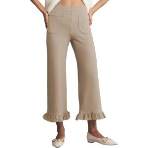 imageAcelitt Womens Gingham Pants Summer Casual Elastic Waist Straight Leg Ruffle Hem Stretchy Cropped Trousers with PocketsParchment