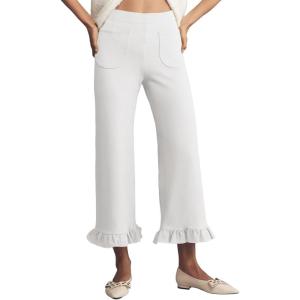 imageAcelitt Womens Gingham Pants Summer Casual Elastic Waist Straight Leg Ruffle Hem Stretchy Cropped Trousers with PocketsWhite