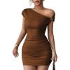 imageAcelitt Summer Off The Shoulder Dresses for Women 2026 Short Sleeve Ruched Bodycon Cocktail Party Knit Mini DressChicory Coffee