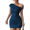 imageAcelitt Summer Off The Shoulder Dresses for Women 2026 Short Sleeve Ruched Bodycon Cocktail Party Knit Mini DressNavy Blue