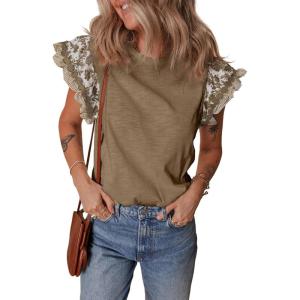 imageAcelitt Womens Summer Ruffle Short Sleeve Top Crewneck T Shirts Boho Floral Trim Casual BlousesLight French Beige