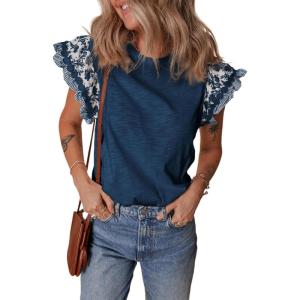 imageAcelitt Womens Summer Ruffle Short Sleeve Top Crewneck T Shirts Boho Floral Trim Casual BlousesSail Blue