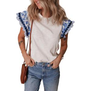 imageAcelitt Womens Summer Ruffle Short Sleeve Top Crewneck T Shirts Boho Floral Trim Casual BlousesSky Blue