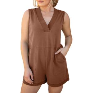 image:imageAcelitt Womens Rompers Summer Casual V Neck Sleeveless Overalls Loose Shorts Jumpsuit with PocketsChestnut