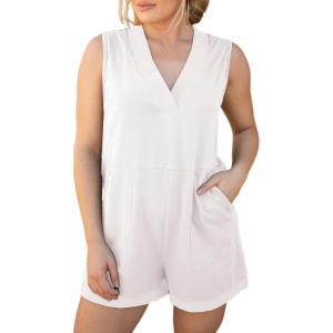 image:imageAcelitt Womens Rompers Summer Casual V Neck Sleeveless Overalls Loose Shorts Jumpsuit with PocketsWhite