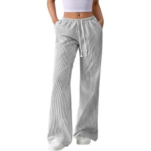 image:imageAcelitt Womens Wide Leg Striped Palazzo Pants Drawstring Elastic Waist Casual Loose Lounge Pants Beach Trousers with PocketsBlack and White
