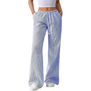 image:imageAcelitt Womens Wide Leg Striped Palazzo Pants Drawstring Elastic Waist Casual Loose Lounge Pants Beach Trousers with PocketsBlue and White