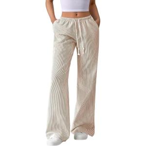 image:imageAcelitt Womens Wide Leg Striped Palazzo Pants Drawstring Elastic Waist Casual Loose Lounge Pants Beach Trousers with PocketsCoffee and White
