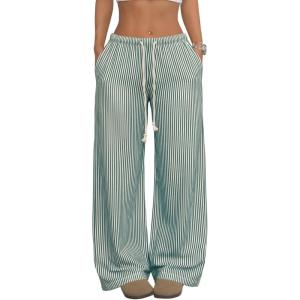 image:imageAcelitt Womens Wide Leg Striped Palazzo Pants Drawstring Elastic Waist Casual Loose Lounge Pants Beach Trousers with PocketsGreen and White